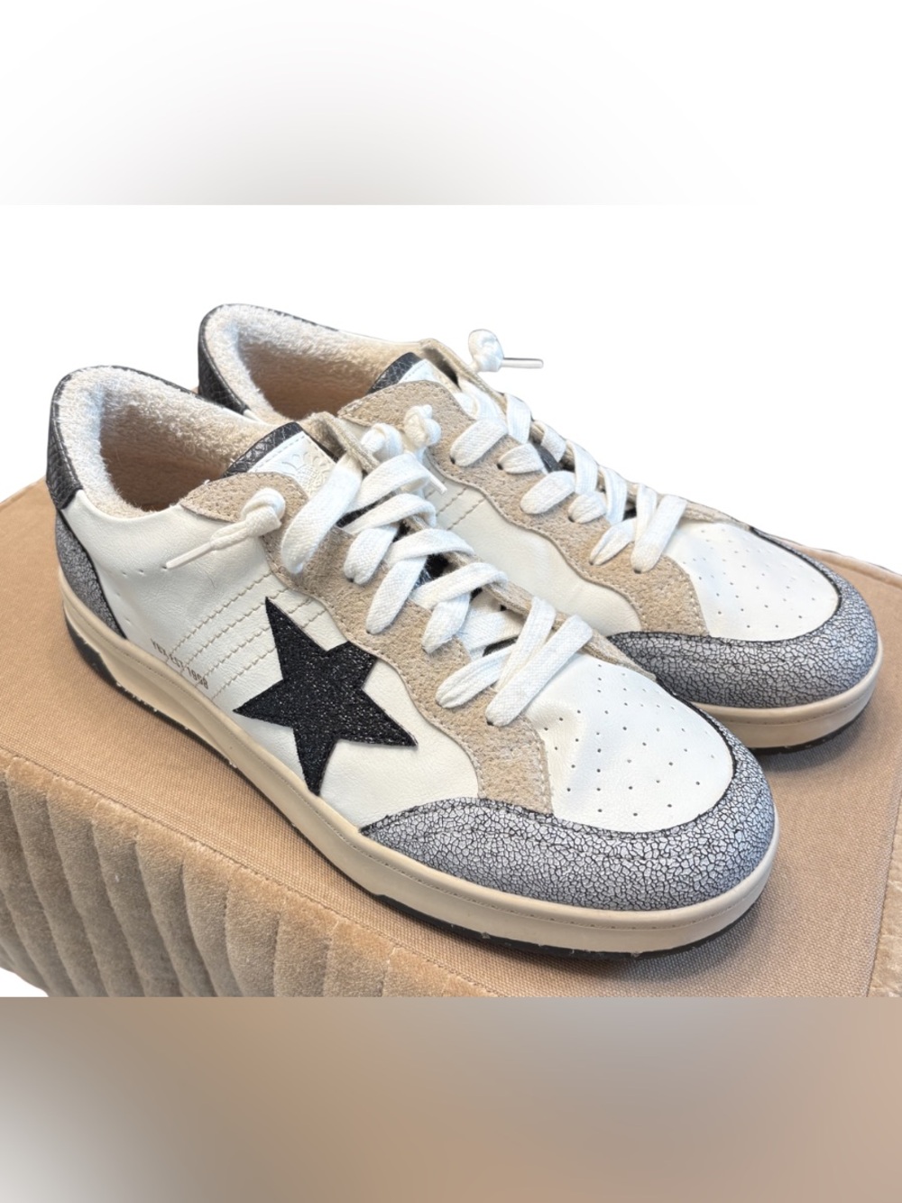 Yellow Box White Beige Sneakers with Black Star and Gray Crackle Toe